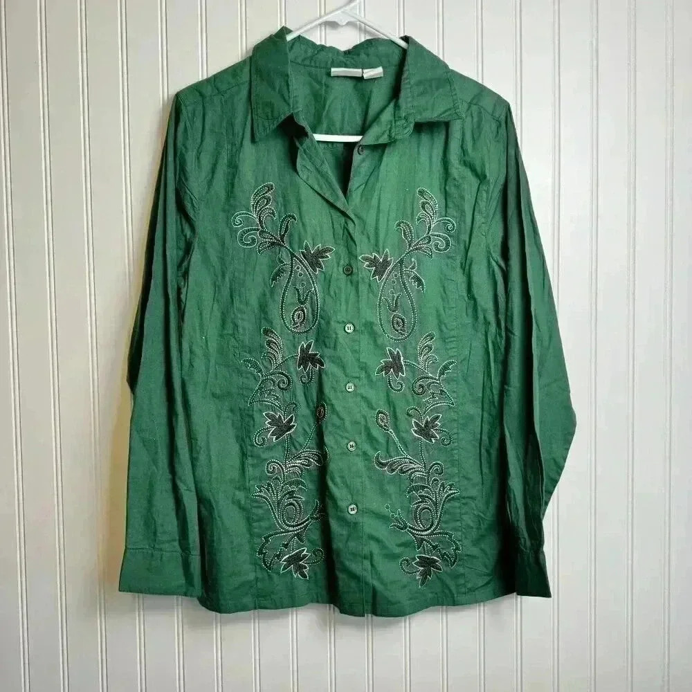 Green Embroidered Button-Down Shirt - Women's Long Sleeve